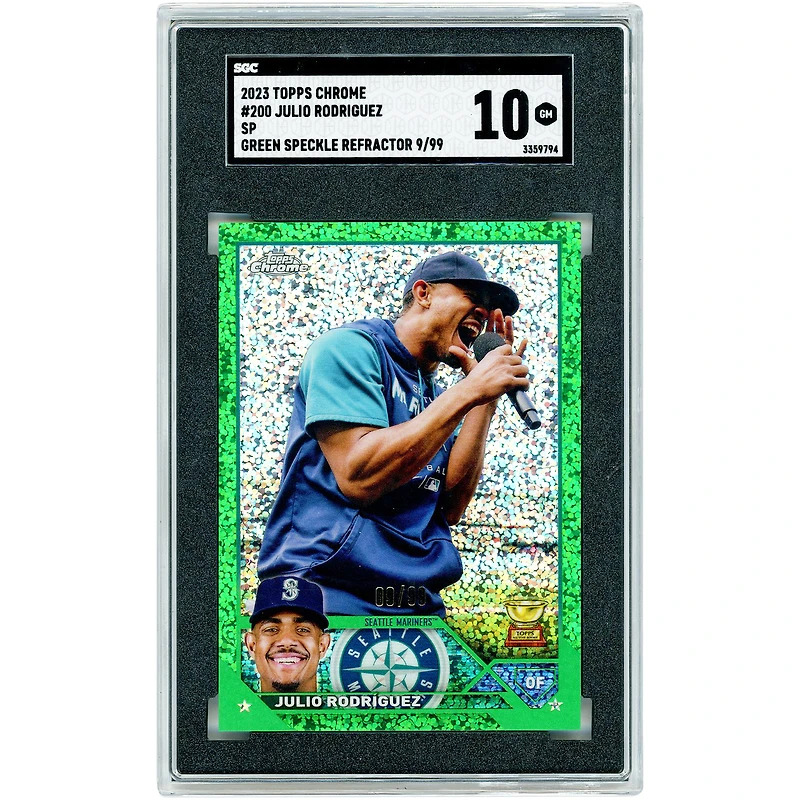 Carte Julio Rodriguez Seattle Mariners 2023 Topps Chrome Green Speckle Refractor n° 200 n° 9/99 authentifiée SGC (10 cartes)