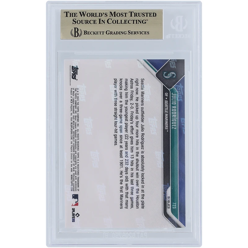 Julio Rodriguez Seattle Mariners 2023 Topps Now 1st Mariners Player w/ 3 Consecutive 4+ Hit Games #723 BGS Authenticated 10 Card - 10,10,10,9.5 Subgrades