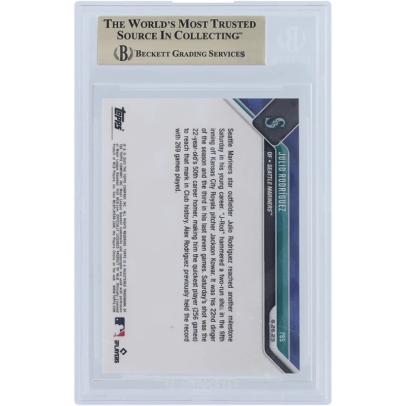 Julio Rodriguez Seattle Mariners 2023 Topps Now Fastest in Mariners History to Reach 50 HRs #765 BGS Authenticated 10 Card - 10,10,9.5,10 Subgrades