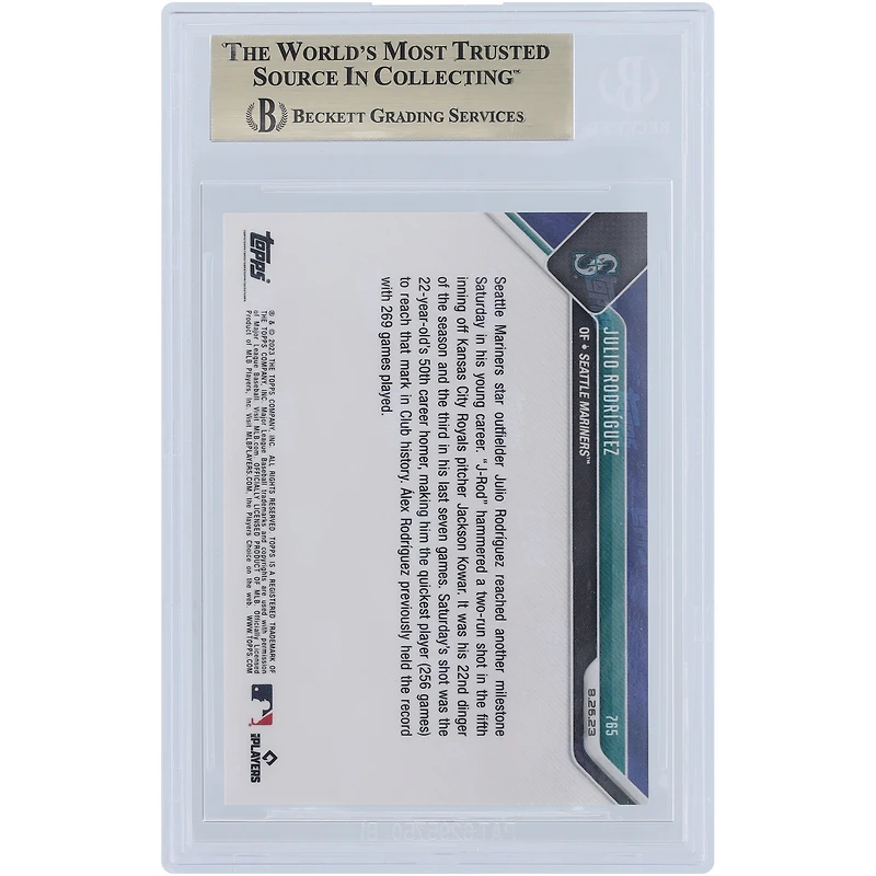 Julio Rodriguez Seattle Mariners 2023 Topps Now Fastest in Mariners History to Reach 50 HRs #765 BGS Authenticated 10 Card - 10,9.5,10,10 Subgrades