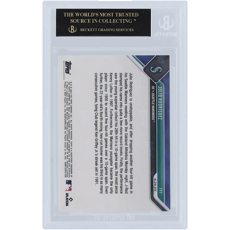 Julio Rodriguez Seattle Mariners 2023 Topps Now Most Hits in a 10 Game Span Since 1997 Black Label #777 BGS Authenticated 10 Card - 10,10,10,10 Subgrades