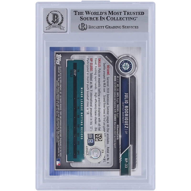 Julio Rodriguez Seattle Mariners autographié 2019 Bowman Prospects #BP-33 Beckett Fanatics Witnessed Authenticated 9/10 Card