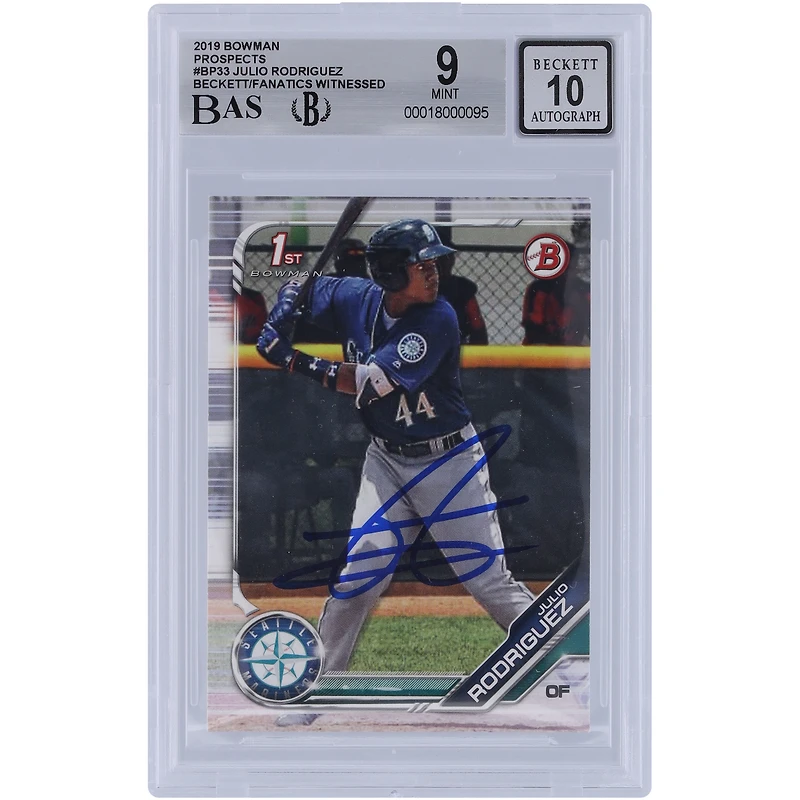 Julio Rodriguez Seattle Mariners autographié 2019 Bowman Prospects #BP-33 Beckett Fanatics Witnessed Authenticated 9/10 Card