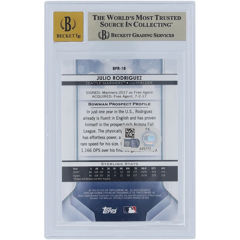 Julio Rodriguez Seattle Mariners Autographed 2020 Bowman Sterling #BPR-18 Beckett Fanatics Witnessed Authenticated /10 Card