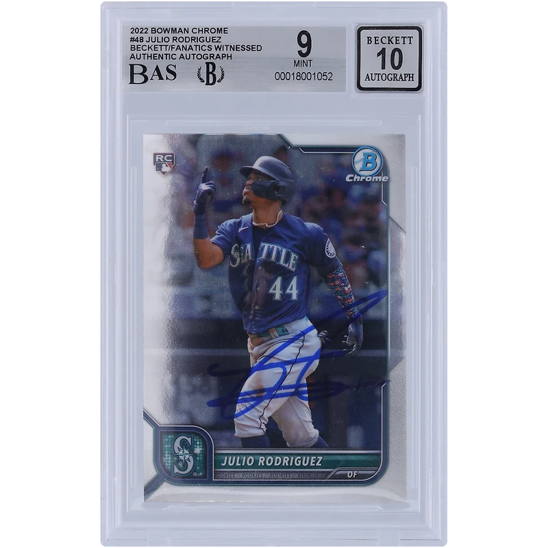 Julio Rodriguez Seattle Mariners autographié 2022 Bowman Chrome #48 Beckett Fanatics a été témoin d'une carte recrue authentifiée 9/10