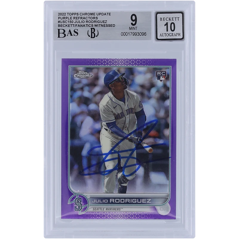 Julio Rodriguez Seattle Mariners Autographed 2022 Topps Chrome Update Purple Refractor #USC150 Beckett Fanatics Witnessed Authenticated 9/10 Rookie Card