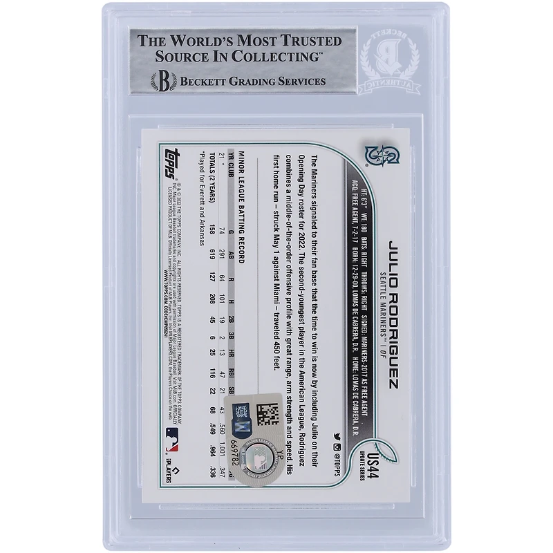 Julio Rodriguez Seattle Mariners Autographed 2022 Topps Update #US44 Beckett Fanatics Witnessed Authenticated Rookie Card