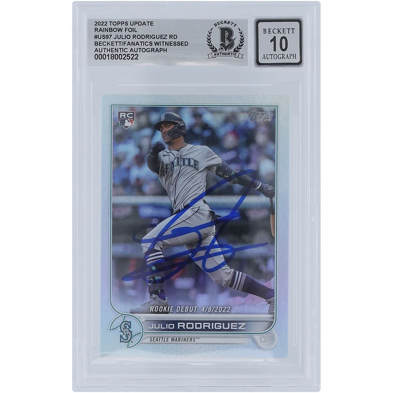 Julio Rodriguez Seattle Mariners Autographed 2022 Topps Update Rainbow Foil #US97 Beckett Fanatics Witnessed Authenticated 10 Rookie Card