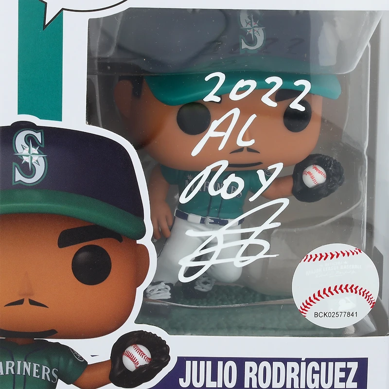 Figurine Funko Pop! en vinyle dédicacée de Julio Rodriguez, joueur de champ des Mariners de Seattle, avec inscription « 2022 AL ROY ».