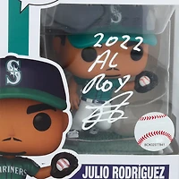 Figurine Funko Pop! en vinyle dédicacée de Julio Rodriguez, joueur de champ des Mariners de Seattle, avec inscription « 2022 AL ROY ».