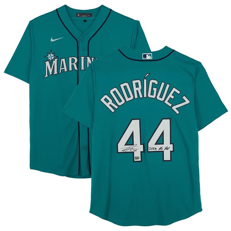 Maillot réplique Nike vert autographié par Julio Rodriguez des Seattle Mariners avec l'inscription « 2022 AL ROY »