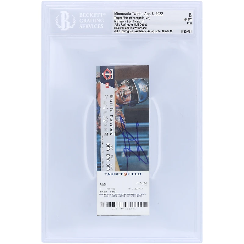 Julio Rodriguez, Seattle Mariners, a dédicacé le billet de début de la MLB Beckett Fanatics, authentifié 8/10