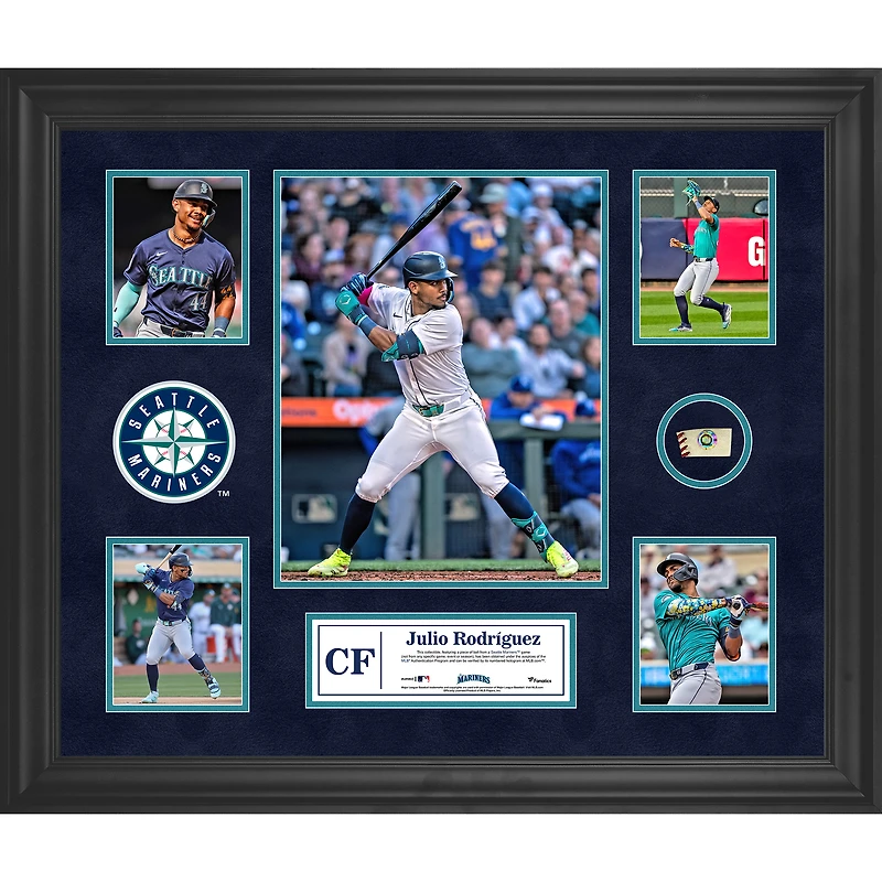 Collage encadré de 5 photos de Julio Rodriguez des Mariners de Seattle avec un morceau de ballon utilisé lors du match