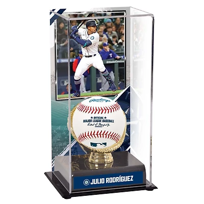 Vitrine de présentation des gants dorés des Seattle Mariners de Julio Rodriguez avec image