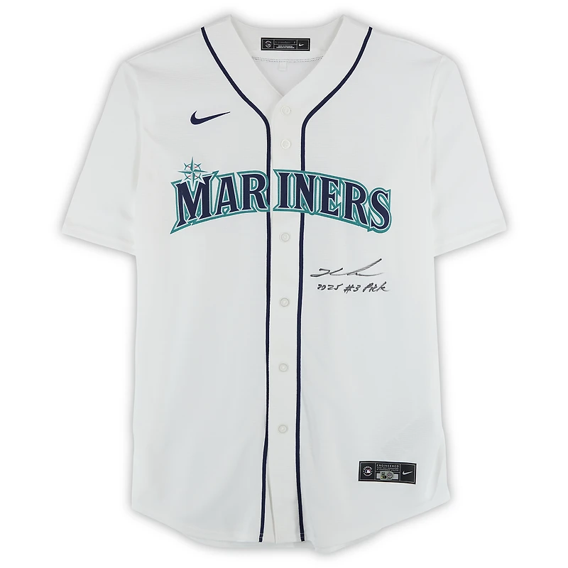 Maillot réplique blanc Nike autographié par Kade Anderson des Mariners de Seattle avec inscription « Choix n° 3 de la saison 2025 ».