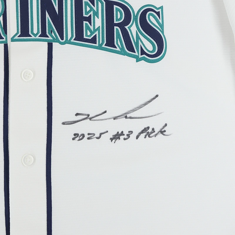Maillot réplique blanc Nike autographié par Kade Anderson des Mariners de Seattle avec inscription « Choix n° 3 de la saison 2025 ».