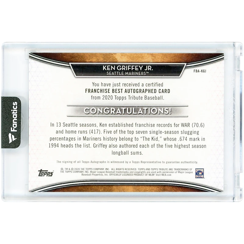 Ken Griffey Jr. Seattle Mariners Autographed 2020 Topps Tribute Franchise Best #FBA-KGJ #1/1 Card