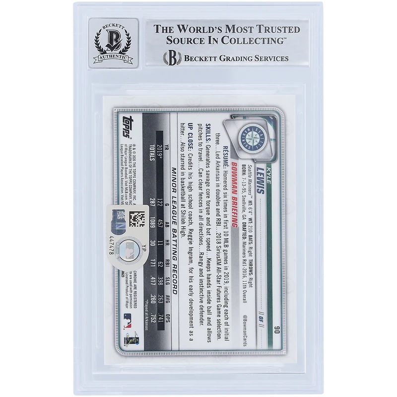 Kyle Lewis Seattle Mariners Autographié 2020 Bowman Chrome #90 Beckett Fanatics Witnessed Authenticated 9/10 Rookie Card