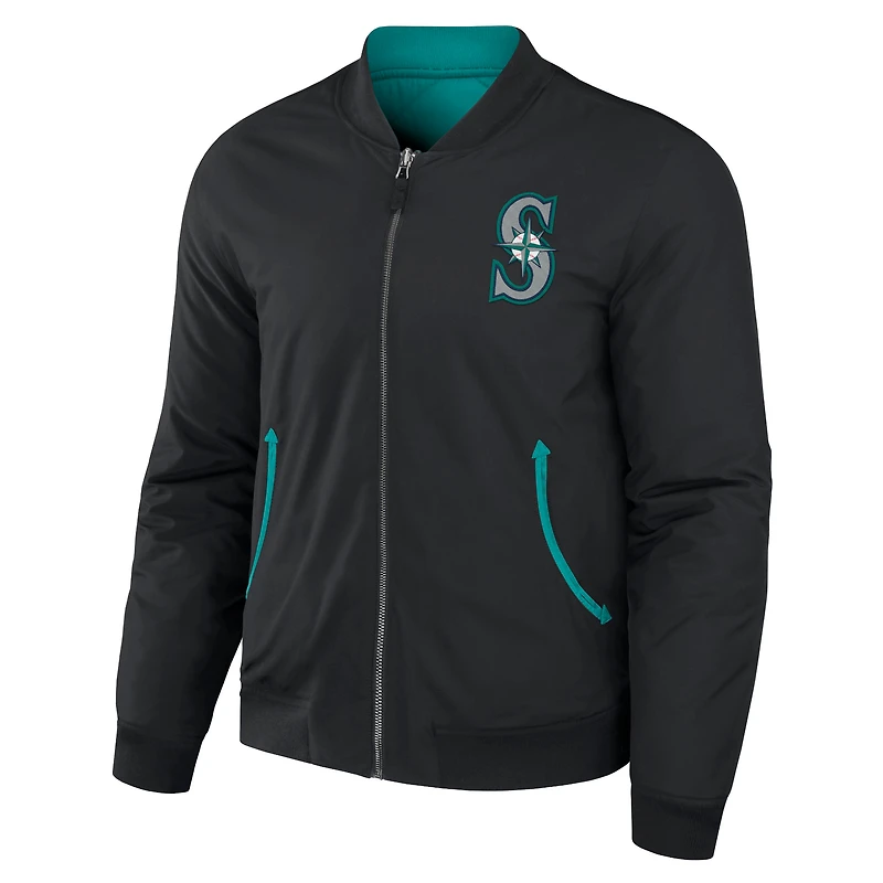 Men's Darius Rucker Collection by Fanatics Black/Teal Seattle Mariners Reversible Full-Zip Bomber Jacket