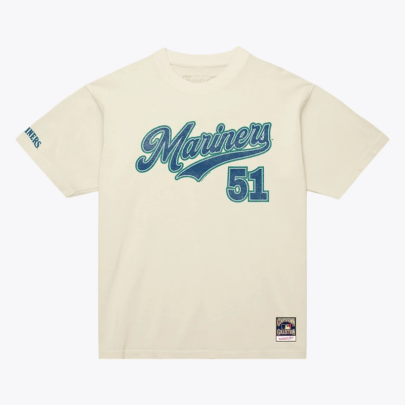 Men's Mitchell & Ness Ichiro Suzuki Cream Seattle Mariners Cooperstown Collection Throwback Name Number T-Shirt