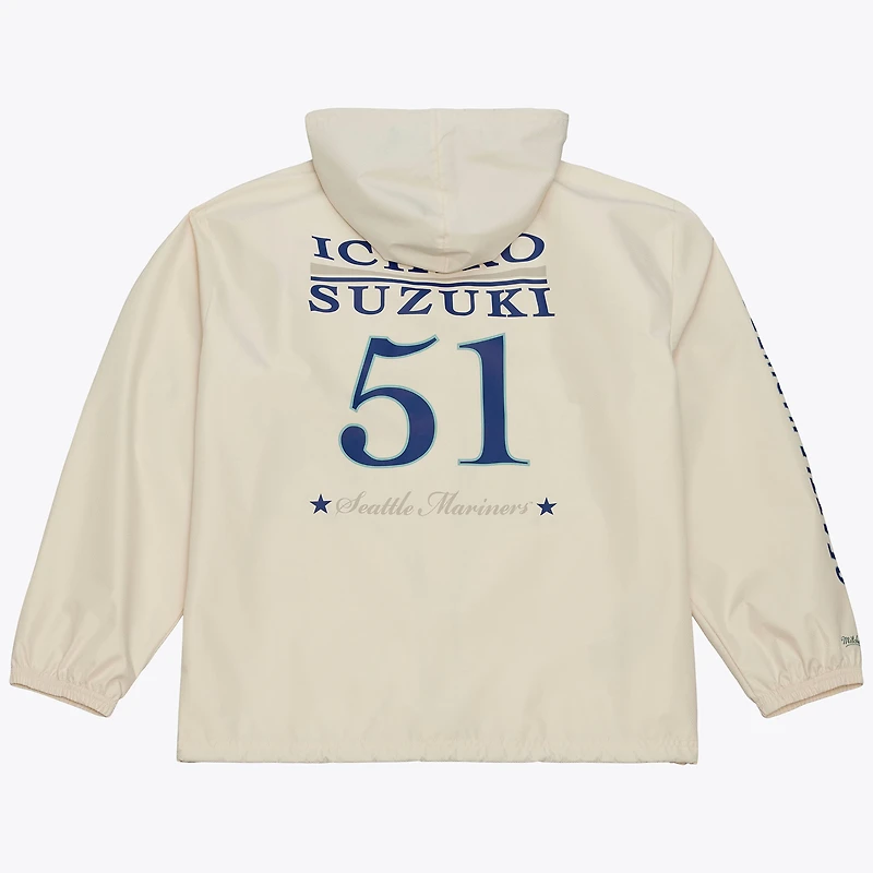 Men's Mitchell & Ness Ichiro Suzuki Cream Seattle Mariners Full-Snap Yacht Rock Name Number Hooded Coach's Jacket