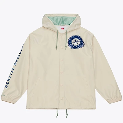 Men's Mitchell & Ness Ichiro Suzuki Cream Seattle Mariners Full-Snap Yacht Rock Name Number Hooded Coach's Jacket
