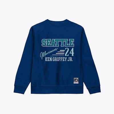 Sweat-shirt à col rond Mitchell & Ness Ken Griffey Jr. bleu marine Seattle Mariners rayures, nom et numéro, pour homme.