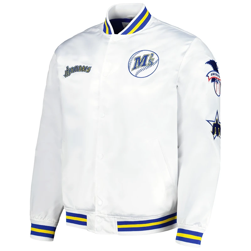Mitchell & Ness pour homme blanc Seattle Mariners City Collection Satin Full-Snap Varsity Jacket