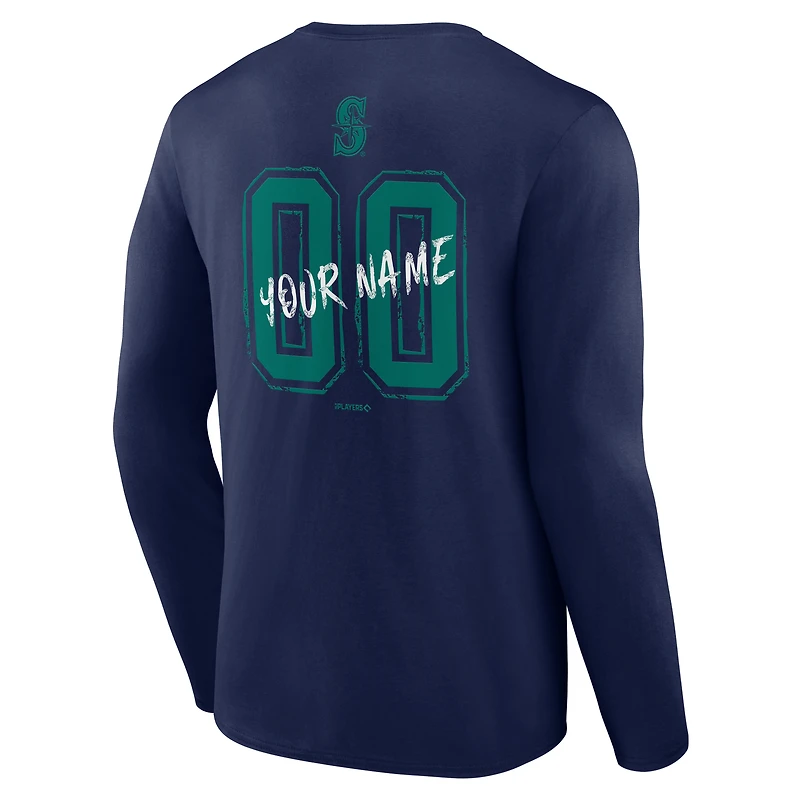 T-shirt à manches longues pour homme, bleu marine, Seattle Mariners Hustle, personnalisé avec nom et numéro