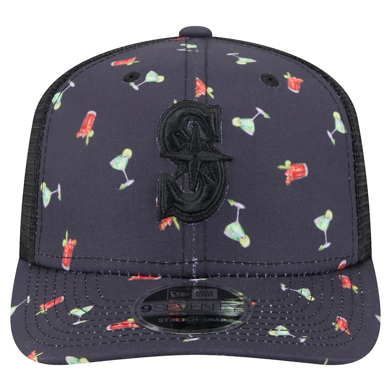 Men's New Era Black Seattle Mariners Adventure Drinks Pattern 9SEVENTY Stretch-Snap Hat
