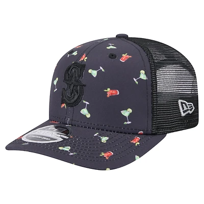 Men's New Era Black Seattle Mariners Adventure Drinks Pattern 9SEVENTY Stretch-Snap Hat