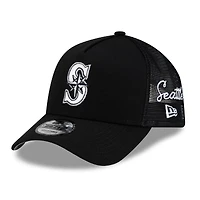 Men's New Era Black Seattle Mariners Side Script 9FORTY A-Frame Trucker Adjustable Hat