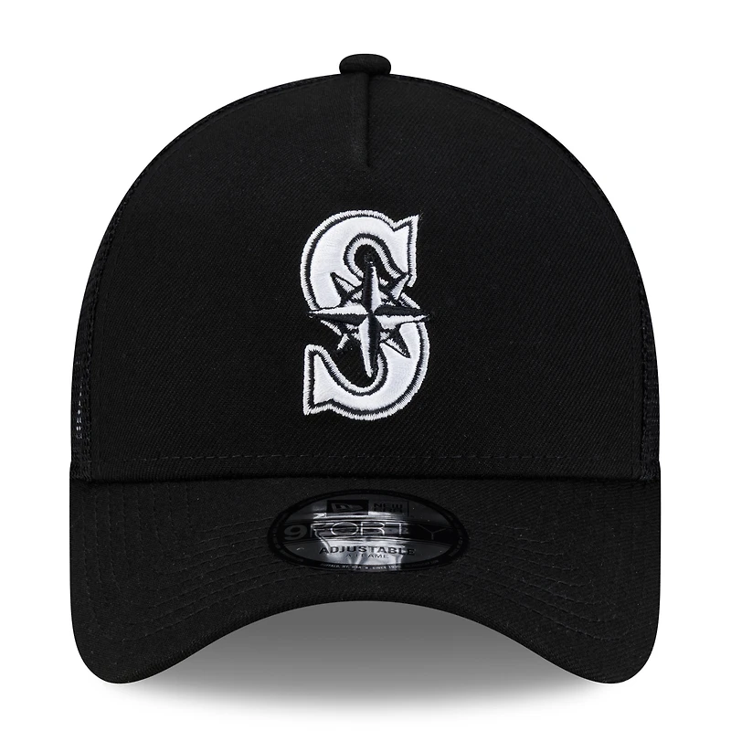 Men's New Era Black Seattle Mariners Side Script 9FORTY A-Frame Trucker Adjustable Hat