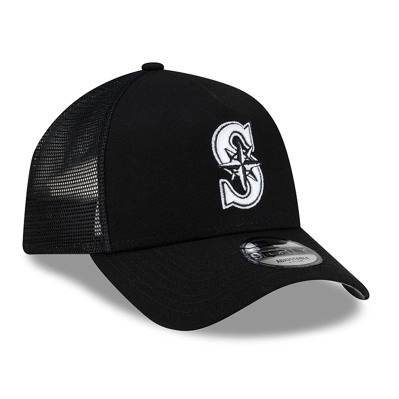 Men's New Era Black Seattle Mariners Side Script 9FORTY A-Frame Trucker Adjustable Hat