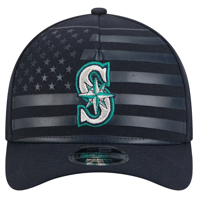Casquette ajustable New Era 9FORTY M-Crown A-Frame bleu marine pour homme, motif drapeau américain des Mariners de Seattle
