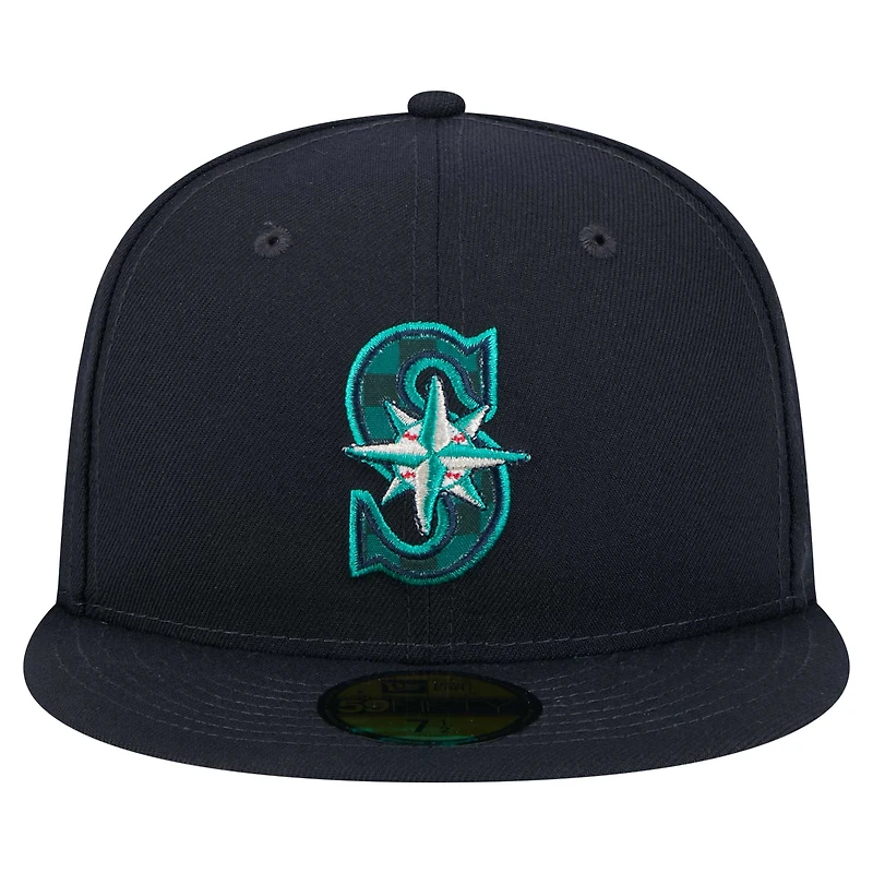 Casquette ajustée 59FIFTY à carreaux bleu marine des Seattle Mariners de New Era pour homme