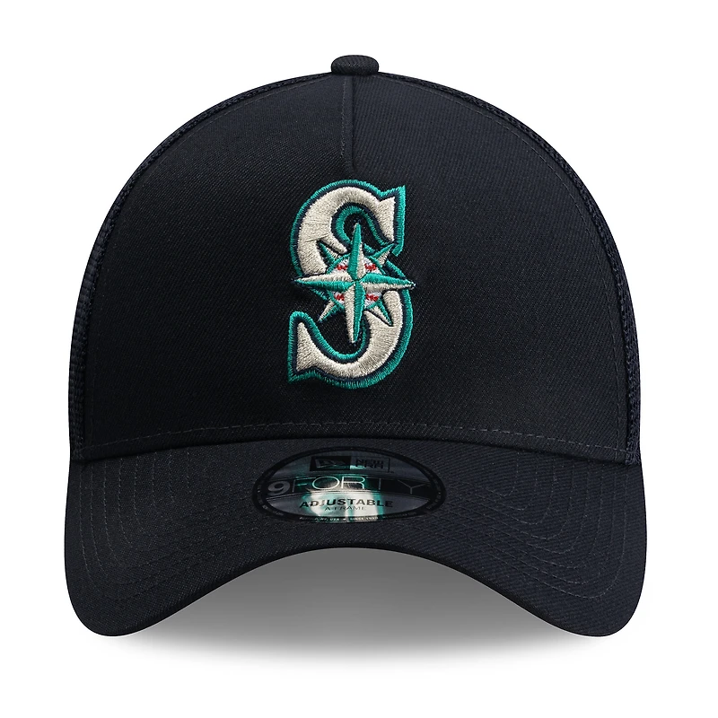Men's New Era Navy Seattle Mariners Side Script 9FORTY A-Frame Trucker Adjustable Hat