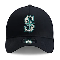 Men's New Era Navy Seattle Mariners Side Script 9FORTY A-Frame Trucker Adjustable Hat