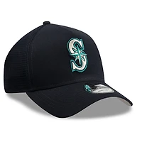 Men's New Era Navy Seattle Mariners Side Script 9FORTY A-Frame Trucker Adjustable Hat