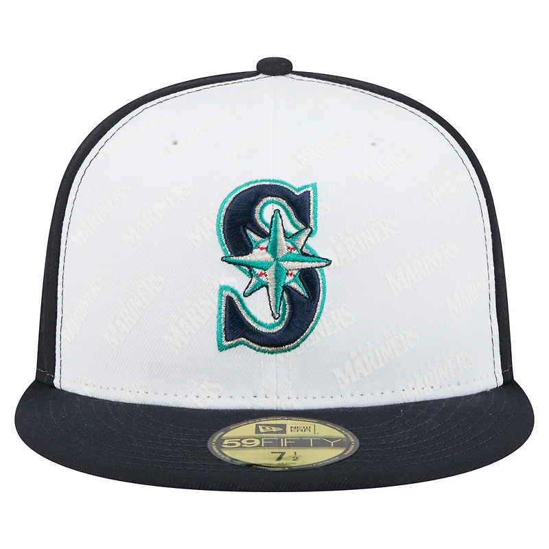 Casquette ajustée New Era 59FIFTY blanche/bleu marine pour homme, Seattle Mariners Repeat