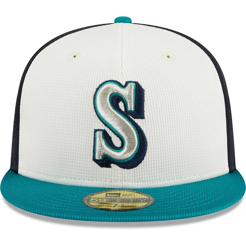 Casquette ajustée 59FIFTY pour hommes des Seattle Mariners 2024 New Era blanche entraînement au bâton sur le terrain