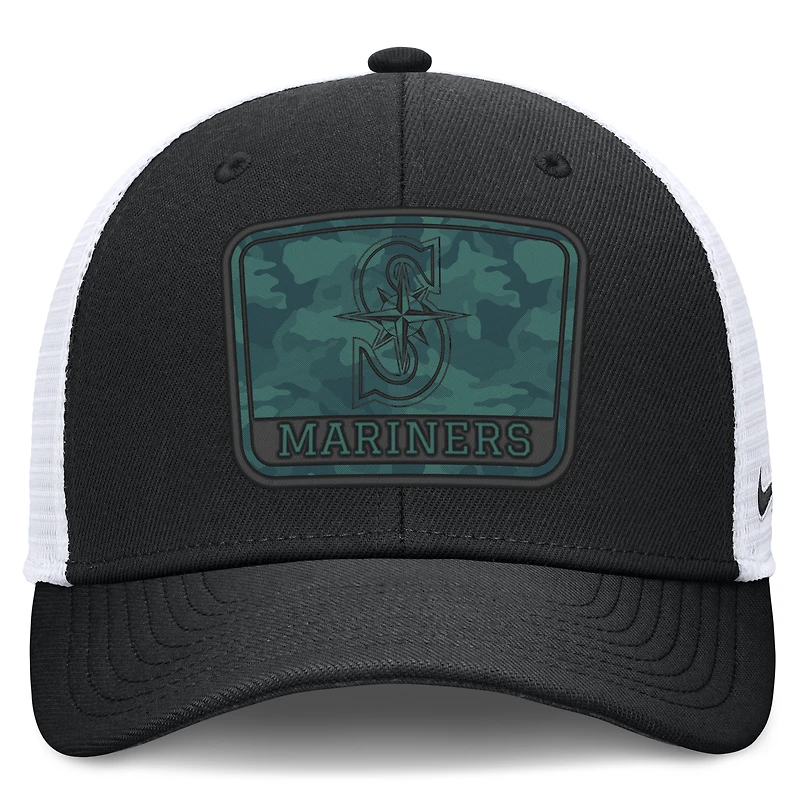 Casquette trucker Nike pour homme, camouflage Seattle Mariners, noire et blanche, avec technologie Dri-FIT et technologie Dri-FIT.