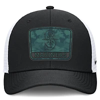 Casquette trucker Nike pour homme, camouflage Seattle Mariners, noire et blanche, avec technologie Dri-FIT et technologie Dri-FIT.