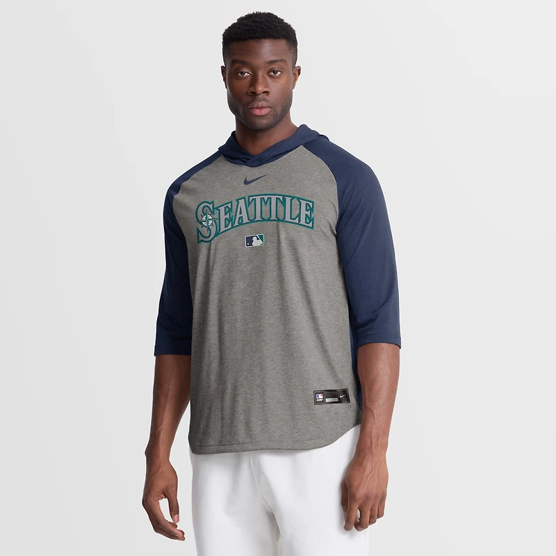 Men's Nike Gray Seattle Mariners Authentic Collection Flux Dri-FIT Raglan 3/4-Sleeve Hooded T-Shirt
