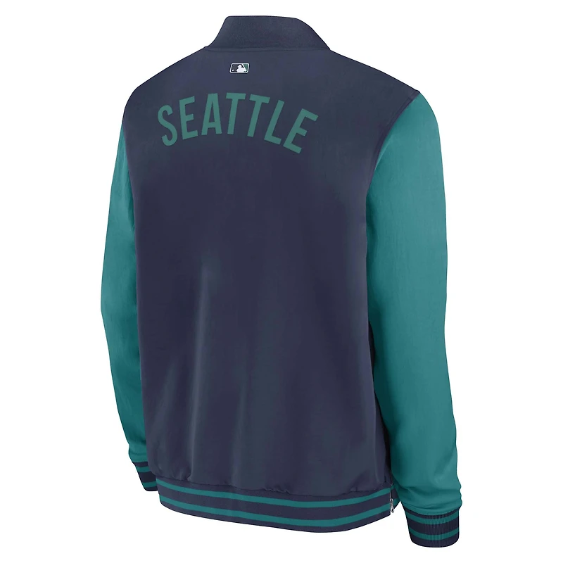 Veste aviateur Nike bleu marine/bleu sarcelle pour homme, collection authentique des Seattle Mariners, coupe décontractée entièrement zippée.