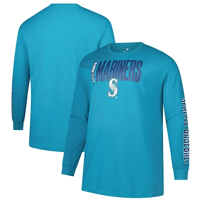 T-shirt à manches longues deux coups pour homme, bleu sarcelle, des Seattle Mariners, taille grande et