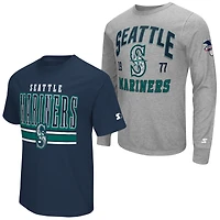 Men's Starter  Heather Gray/Navy Seattle Mariners Two-Pack Long Sleeve & Short T-Shirt Set