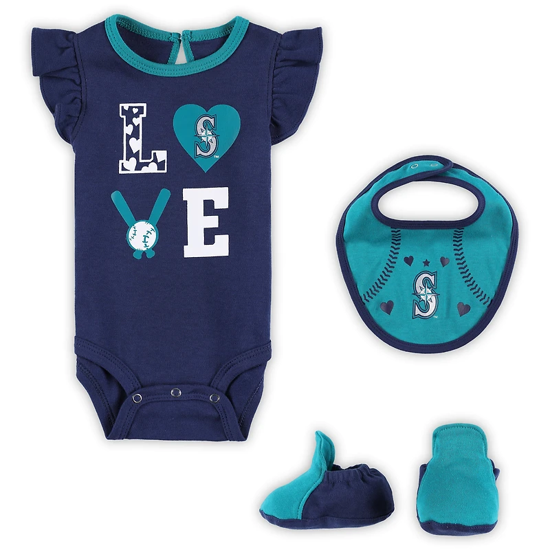 Ensemble trois pièces Love of Baseball Bib Body & Booties Newborn Infant Marine/Aqua Seattle Mariners