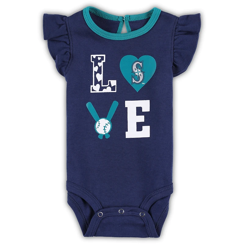 Ensemble trois pièces Love of Baseball Bib Body & Booties Newborn Infant Marine/Aqua Seattle Mariners