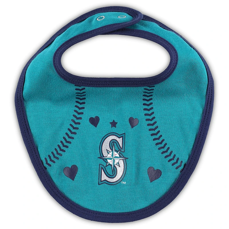 Ensemble trois pièces Love of Baseball Bib Body & Booties Newborn Infant Marine/Aqua Seattle Mariners